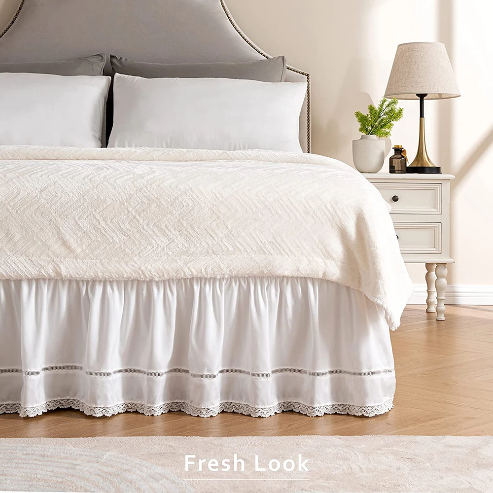 White Home Hotel Bed Skirt Hollowed Lace Bed Skirt Elastic Band Bed