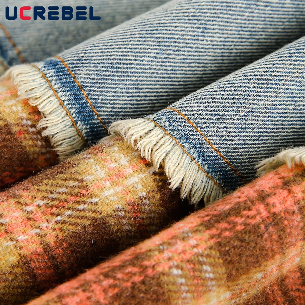 Denim Plaid Spliced Shirts Mens Washed Distressed Autumn High Street Lapel Pocket Single Breasted Long Sleeve Shirts