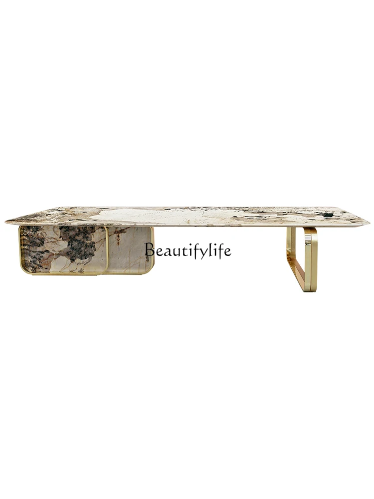 

Italian Light Luxury High-Grade Marble Luxury Stone Endtable Simple Living Room Post-Modern Long Stainless Steel Tea Table