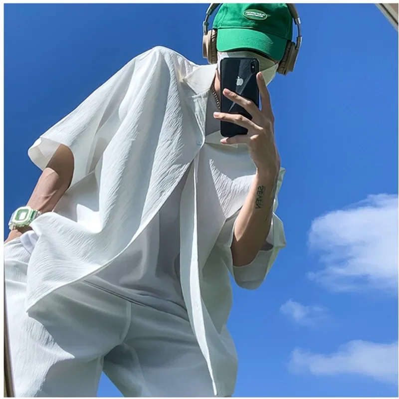 Summer 2 piece Mens Sets Matching Suit Jacket Shorts Oversized Solid Green White Black Fashion Streetwear Thin Leisure Suit