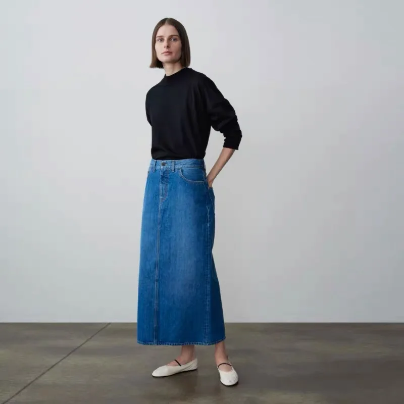 

Th* Ro* 2022 Autumn/Winter Women Denim Skirt 100%Cotton Solid Color Ankle-Length Concise High Waist Casual Skirt
