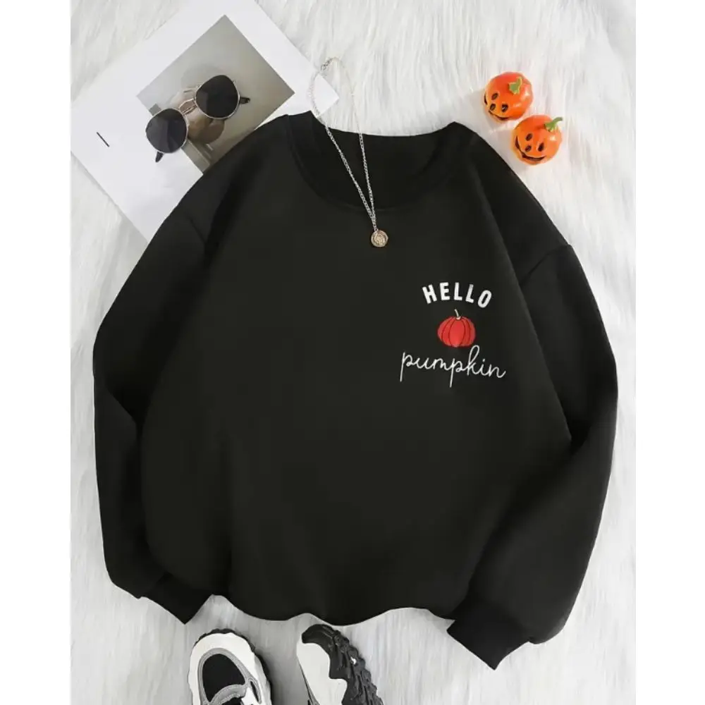 

Plus Size Casual Sweatshirt Women's Plus Slogan &pumpkin Print Pullovers Long Sleeve Round Neck Sweatshirts Sports Blouse