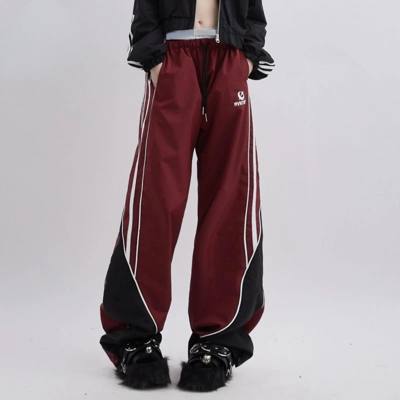 

Hikigawa Contrast Color High Waist Women Pants Chic Fashion Harajuku Drawstring Wide Leg Trousers Pocket Patchwork Pantalones