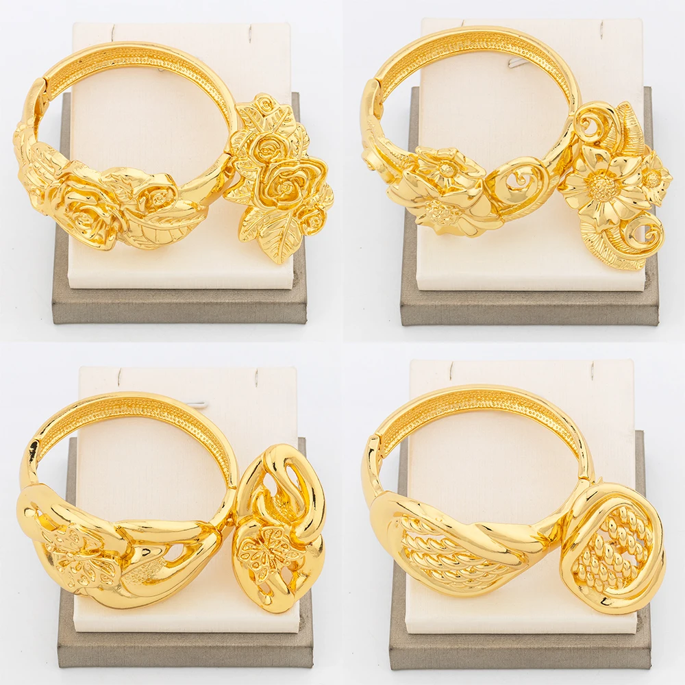 

4Sets Luxury Gold Plated Bangles With Ring For Women Dubai France Flower Jewelry Set Adjustable Ring Bracelet Jewelry Accessory