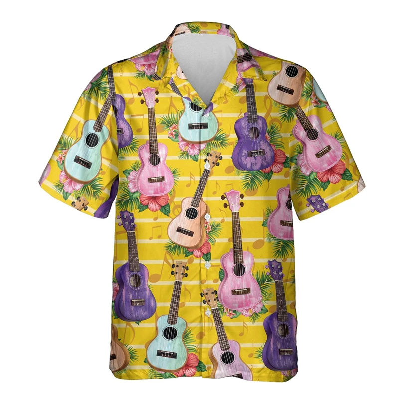 Fashion Ukulele Graphic Shirts For Men Clothes Casual Boy Ukelele Beach Shirt Instrument Uke Hawaiian Male Singer Lapel Blouse