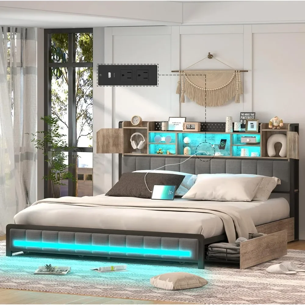 Description Picture 2 of itemQueen Bed Frame, Bookcase Headboard, LED Lights W/ Charging Station, W/Storage Drawers, No Springs Required, Platform Bed Frame