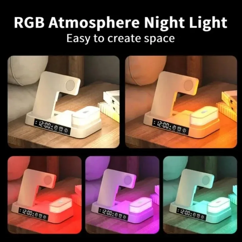 30W 3 In 1 Fast Charging Station Wireless Charger Stand Pad Alarm Clock Night Light Dock for iPhone Samsung Galaxy Watch IWatch
