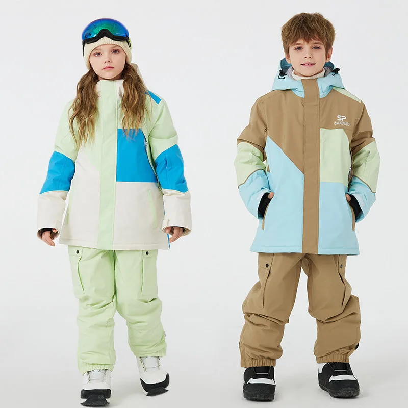 

Детский лыжный костюм, детский зимний теплый ветрозащитный водонепроницаемый дышащий комплект из куртки с капюшоном и брюк для сноуборда, лыжный костюм