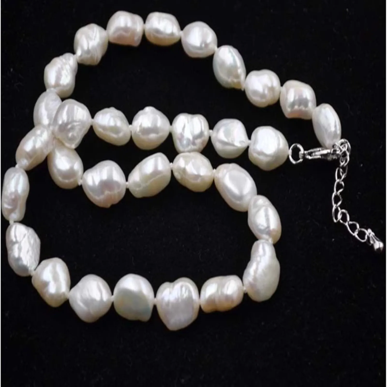 Hand knotted necklace natural 9-10mm white freshwater pearl sweater chain baroque pearl 42cm plus 5cm extension chain