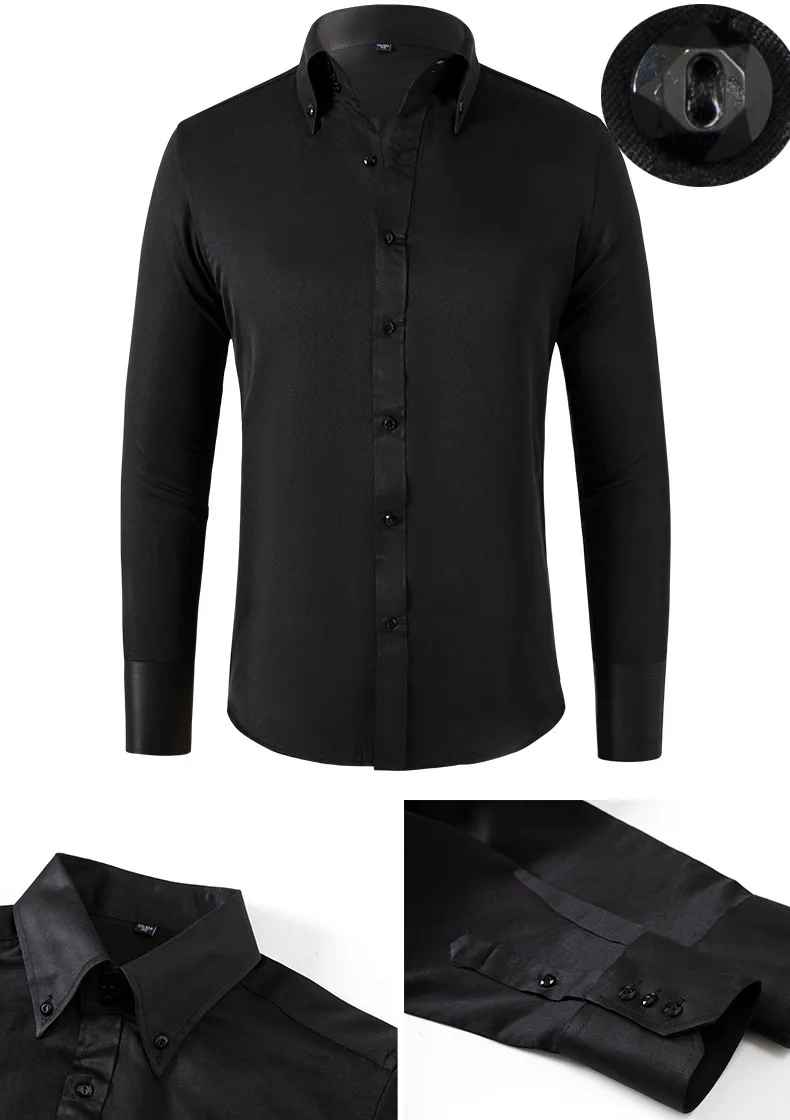 Solid color shirt men's crystal button long sleeved pointed collar light luxury men's business casual men's wear