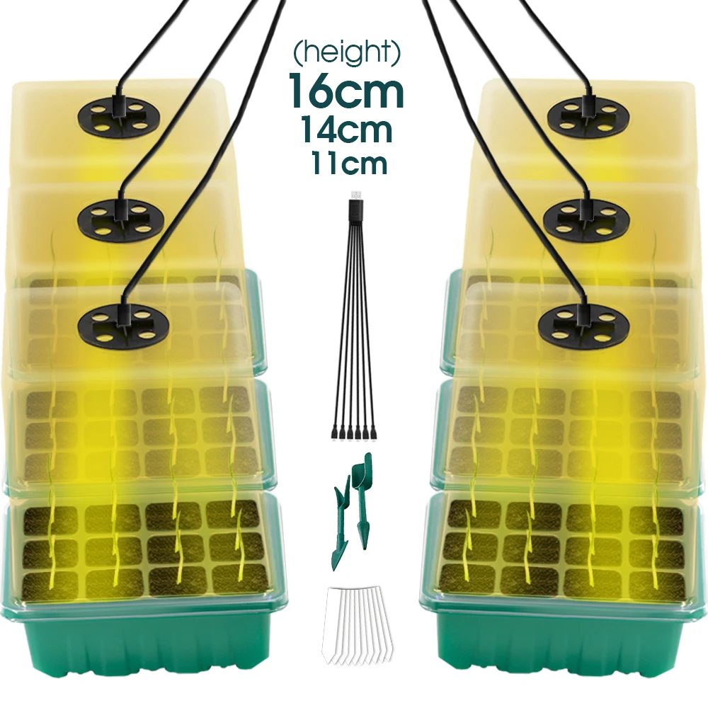 3-Height Grow Box Full Spectrum Warm Grow Light Seed Starter Tray Seedling Nursery Container Pot Transparent Cover Humidity Dome