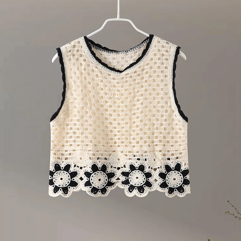 Description Picture 3 of itemPrint Hollow Out Knit Set Women Sleeveless Sexy O-neck Short Vest Flower Knitting Pants Casual Simple Vintage 2 Piece Female Set