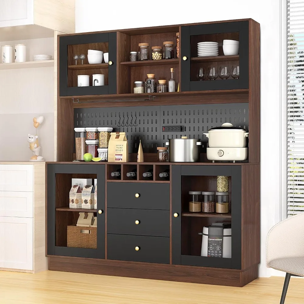 Kitchen Hutch Cabinet, Pantry Cabinet, Freestanding Buffet Hutch with Pegboard, Cup Holder, Power Outlet, 4 Doors & 3 Drawers, 1