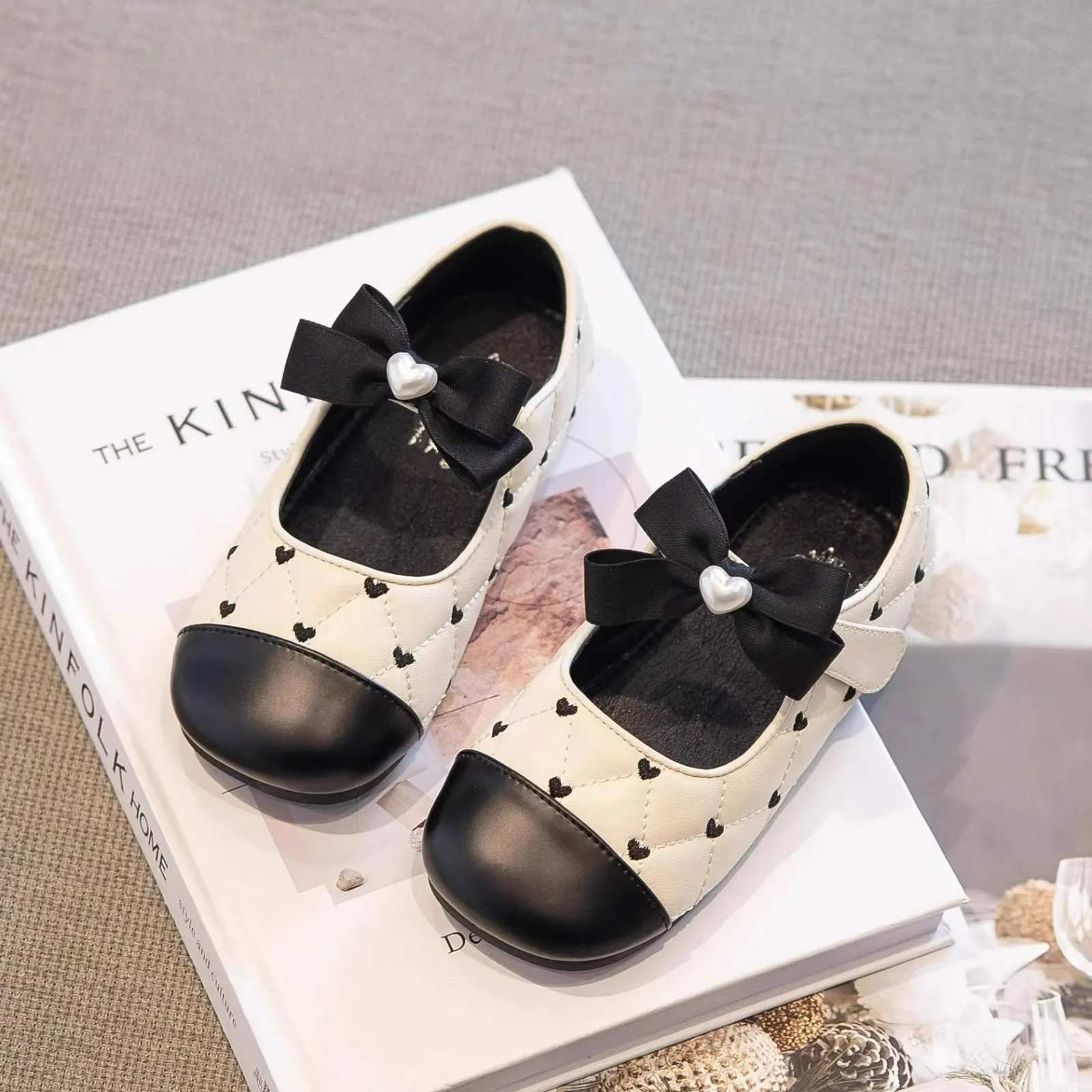 Leather Kids Ballet Flats for Girls with Bow Detail
