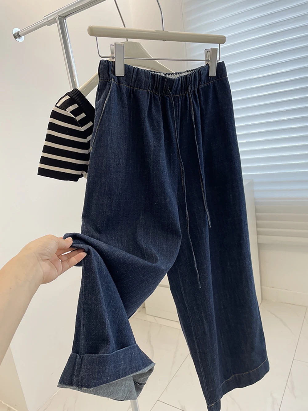 

Elastic High Waisted Straight Loose Jeans for Women 2024 New Summer Casual Cropped Wide Leg Denim Pants Female Thin Jeans