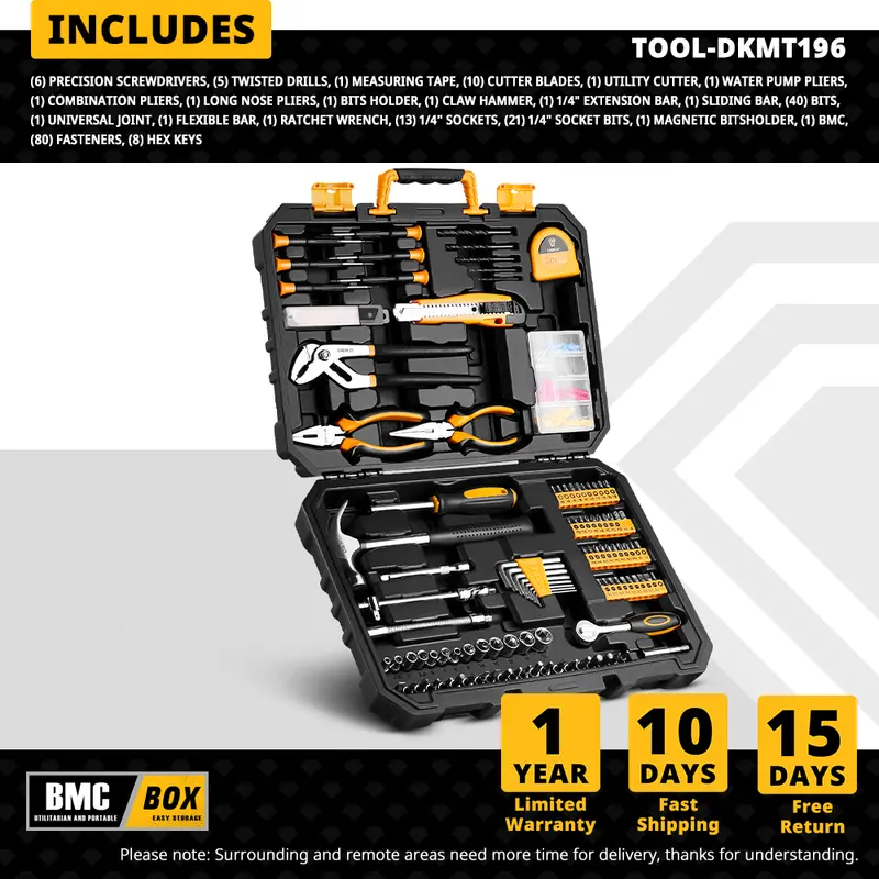 DEKO DKMT128/DKMT196 Home DIY Tool Set Auto Repair Combination Package Hand Tool Kit with Plastic Tool box, Screwdriver, Hammer - Image 10