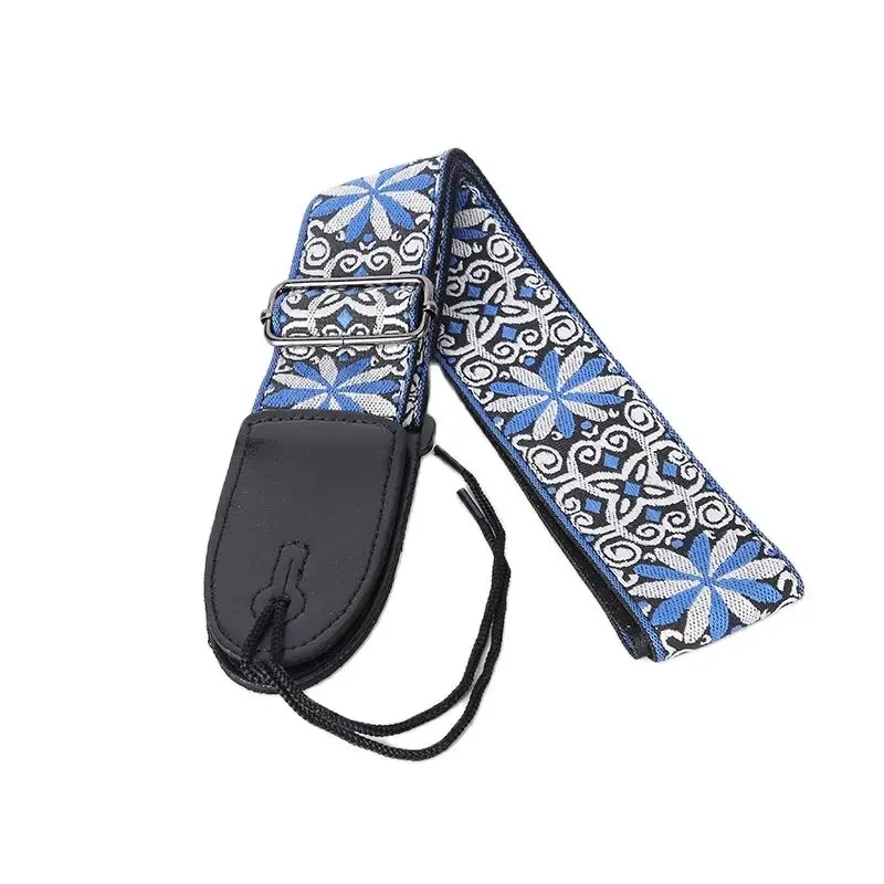 Embroidered Jacquard Guitar Strap with Leather Ends - Adjustable Cotton Band