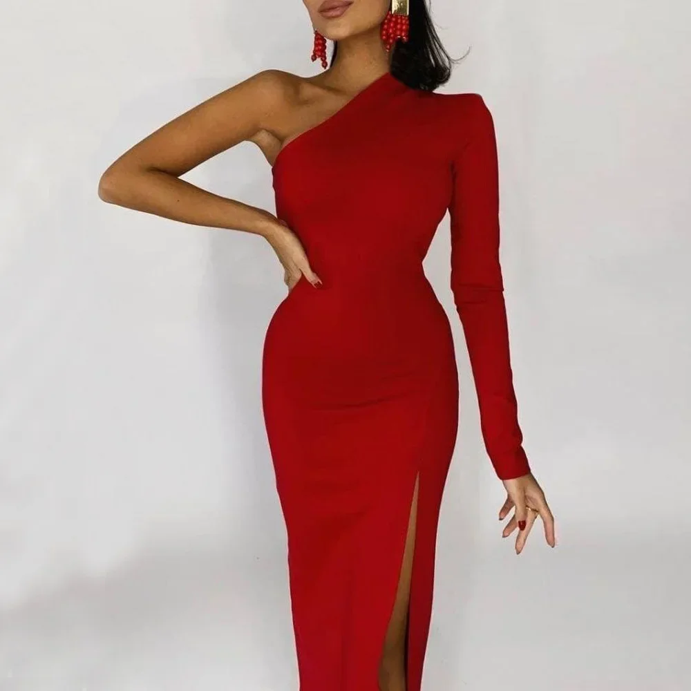 

Elegant Oblique Shoulder Thigh High Split Maxi Dress Women Long Sleeve Bodycon Sexy Club Party Long Dress Fahsion Black Vestidos