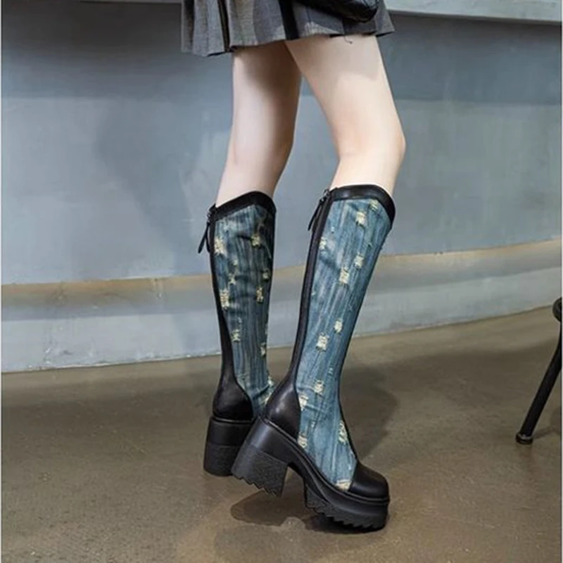 

Women's Autumn New Long Tube Tall Boots Thick Sole Square Root Increase Casual Denim Women's Fashion Casual Boots Size 35-40