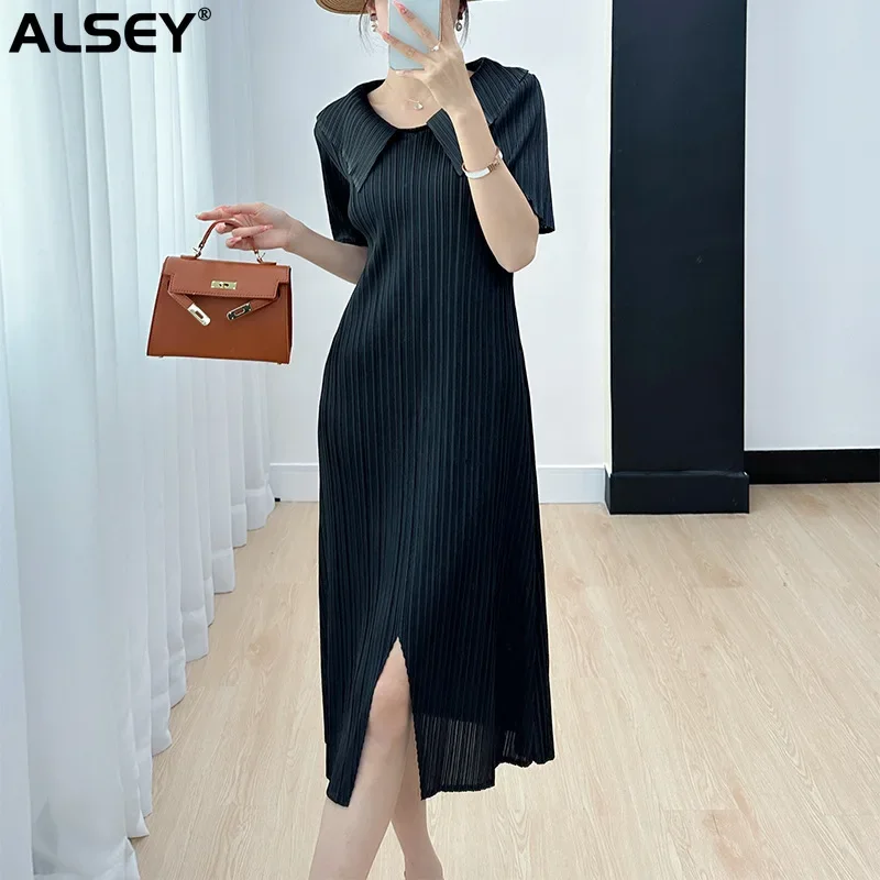 

Платье ALSEY Miyake женское Плиссированное, элегантное однотонное платье с лацканами и баской, с разрезом, для молодых девушек, лето 2024