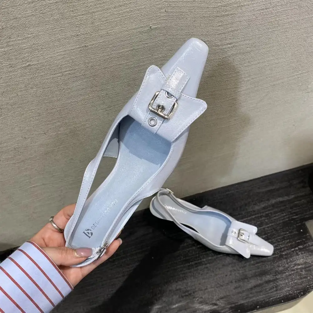 

Metal Buckle Strap Sandals Summer Square Toe Women Shoes Spike Low Heel Solid Colors Pumps Shallow Fashion Chaussures Femme