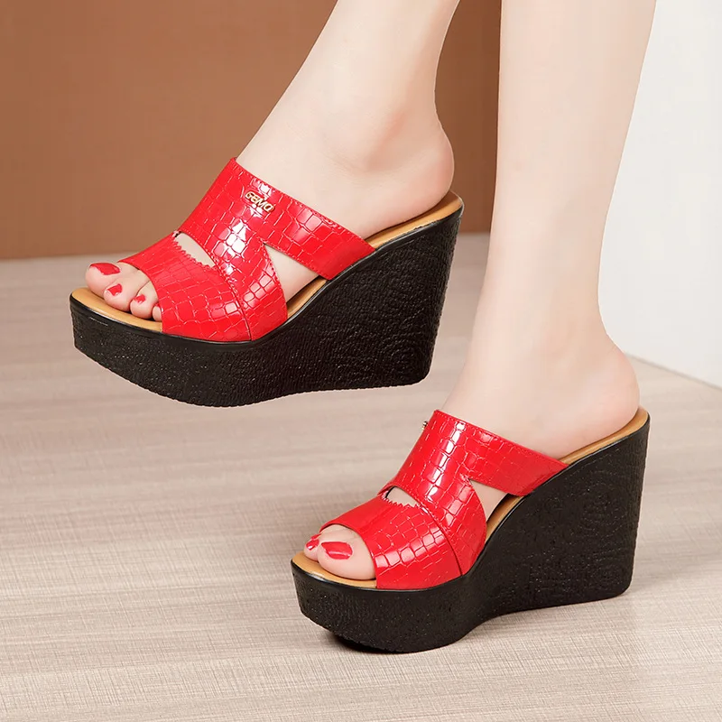 

Plus Size 32-43 Patent Leather Shoes Woman High Heels Slippers Summer 2022 Outside Office Model Chunky Platform Wedges Slides