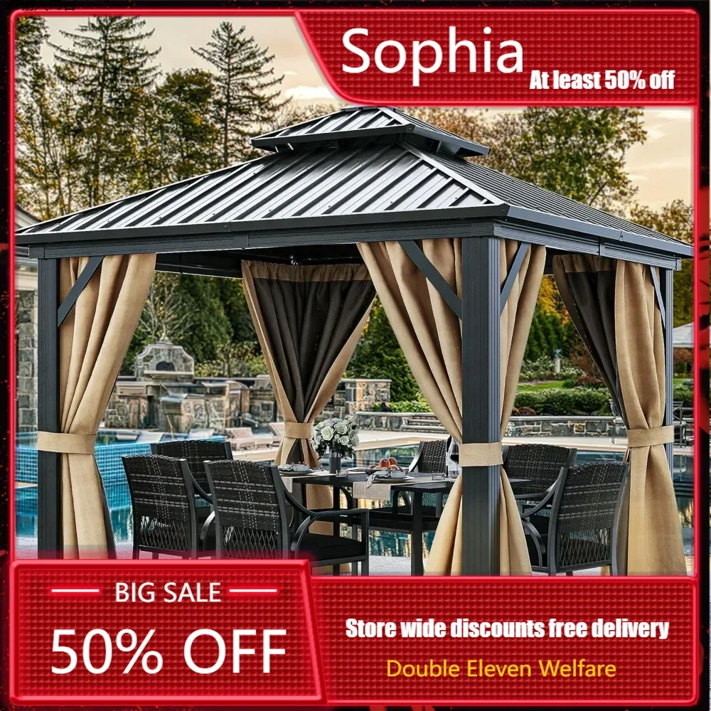 Hardtop Gazebo Double Roof with Nettings and Curtains, Heavy Duty Galvanized Steel Outdoor Vertical Stripes Roof, 10x10ft