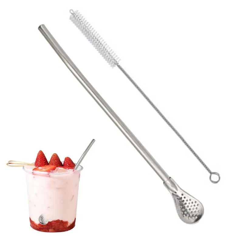 Removable Stainless Steel Straw Filter Spoon with Cleaning Brush Reusable Metal Straw Spoon Cocktail Stirrer for Drinking Tea