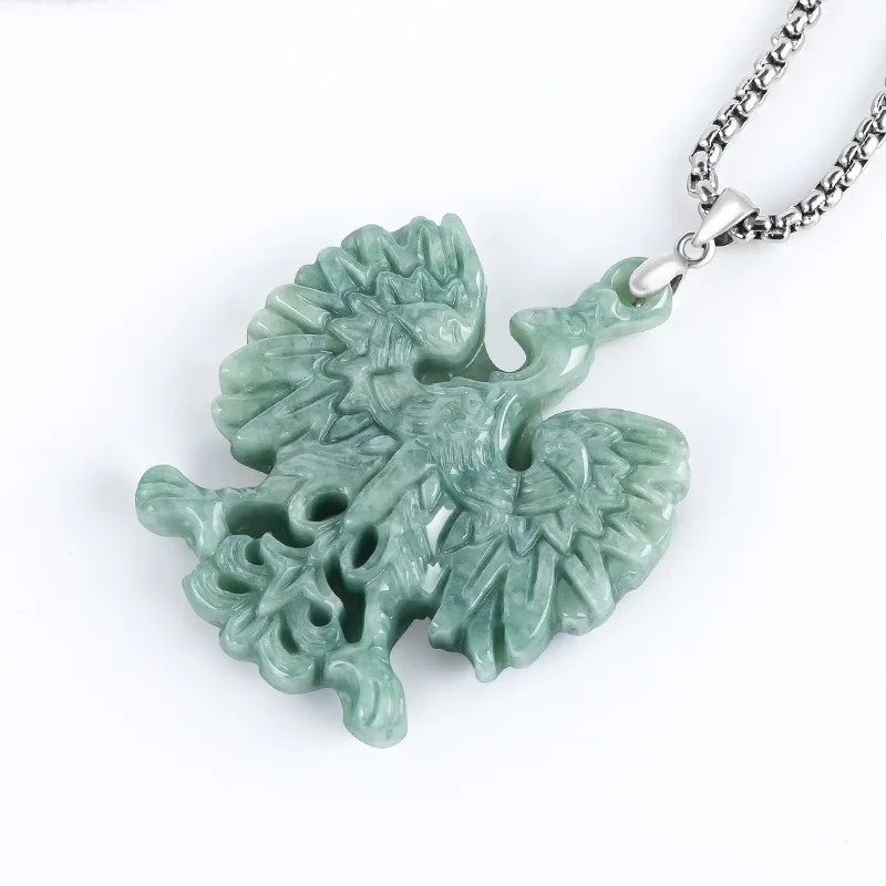 Natural Burmese Emerald Eagle of Freedom Jade Pendant 925 Silver Necklace Carved Fashion Charm Jewelry Amulet Gift for Women Men