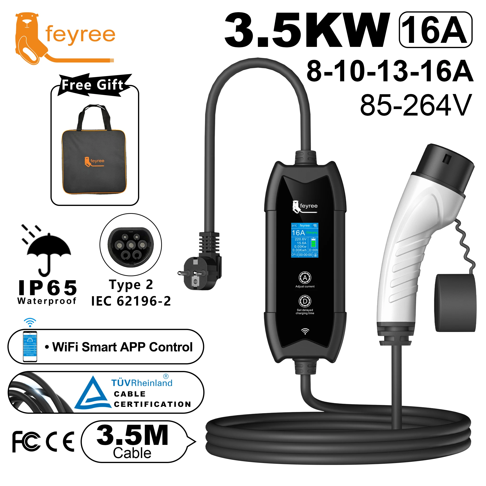 Feyree-cargador portátil EV Type2 IEC62196-2 EVSE, Cable de carga rápida de 3,5 M, EVSE Wallbox, aplicación WiFi, Control inalámbrico Bluetooth