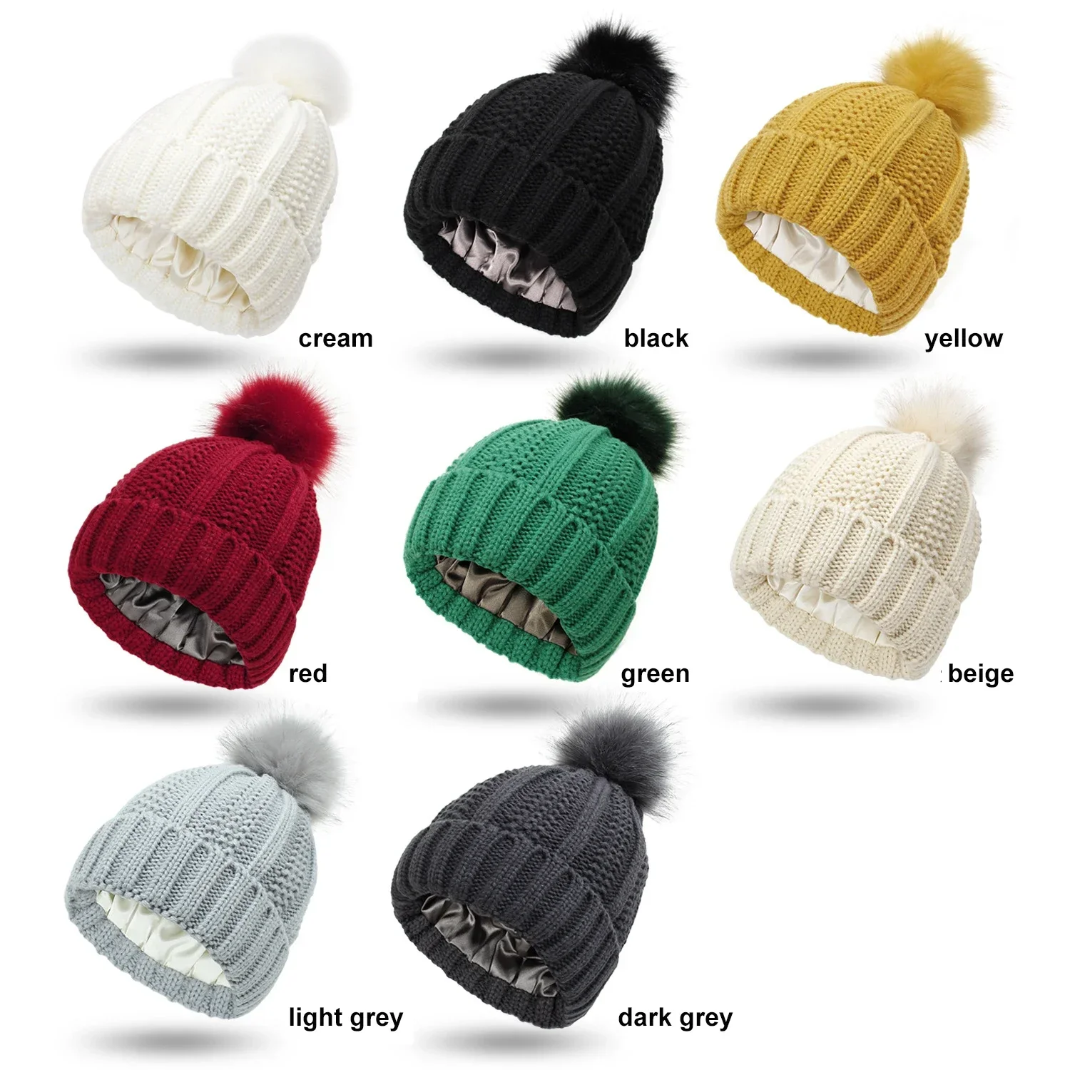 Winter Silk Satin Lined Beanie Hats for Women Thick Chunky Cap Bonnets Striped Warm High Quality Cashmere Knitted Pom Pom Hat 2