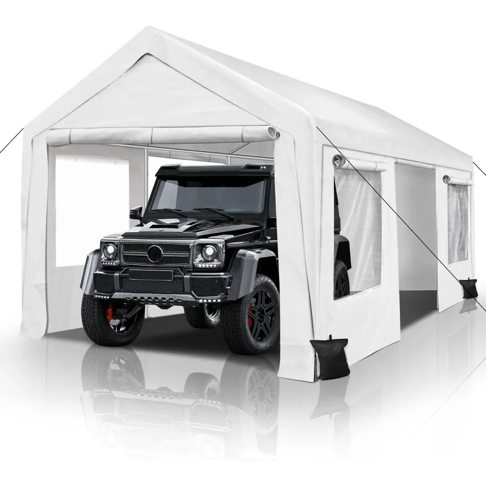 Carport 10x20ft Portable Garage, Heavy Duty Car Canopy with Roll-up Ventilated Windows & Side Doors, Car Port for SUV, F150