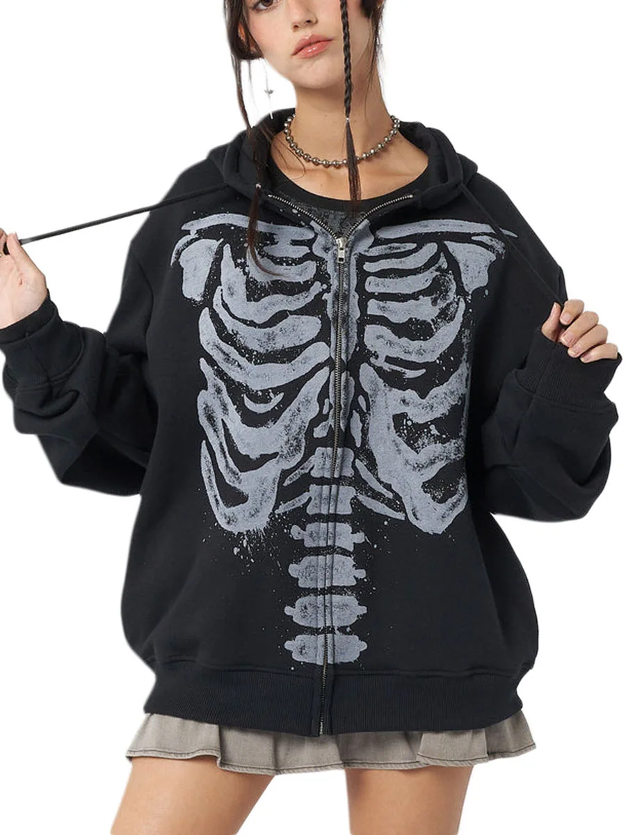 Gothic Skull Hoodie - Casual Long Sleeve Zipper Coat for Halloween