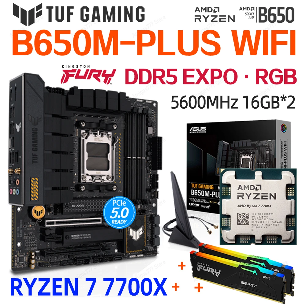 

R7 7700X CPU Motherboard Rams Combo ASUS DDR5 TUF GAMING B650M-PLUS WIFI 6 Set Kington 32GB RGB and EXPO Memory 5600MHz AMD AM5