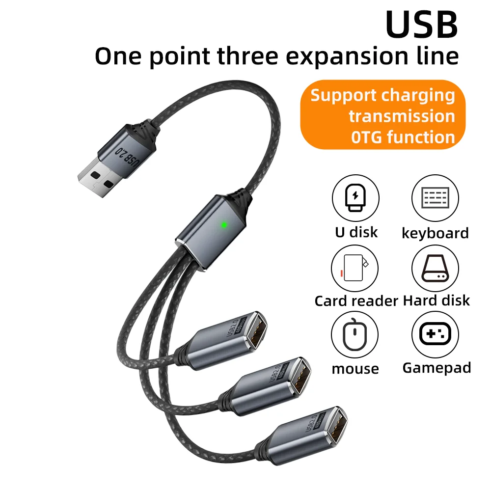 Multi-Port USB Expansion Hub: 3-in-1 Splitter Cable with USB-A/Type-C Outputs