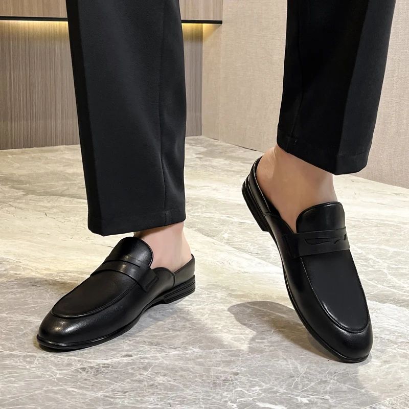 Luxury Designer Mens Half Drag Shoes For Men Casual Leather Fashion Half Shoes Mules Man Slides Loafers Slippers Male Summer 4