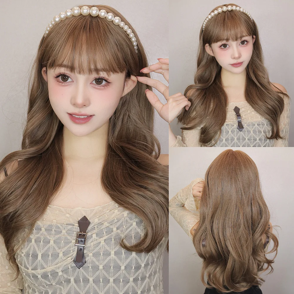 

SNQP Long Curly Wig with Bangs New Stylish Hair Wig for Women Daily Cosplay Party Heat Resistant Natural Hairline Synthetic Wig