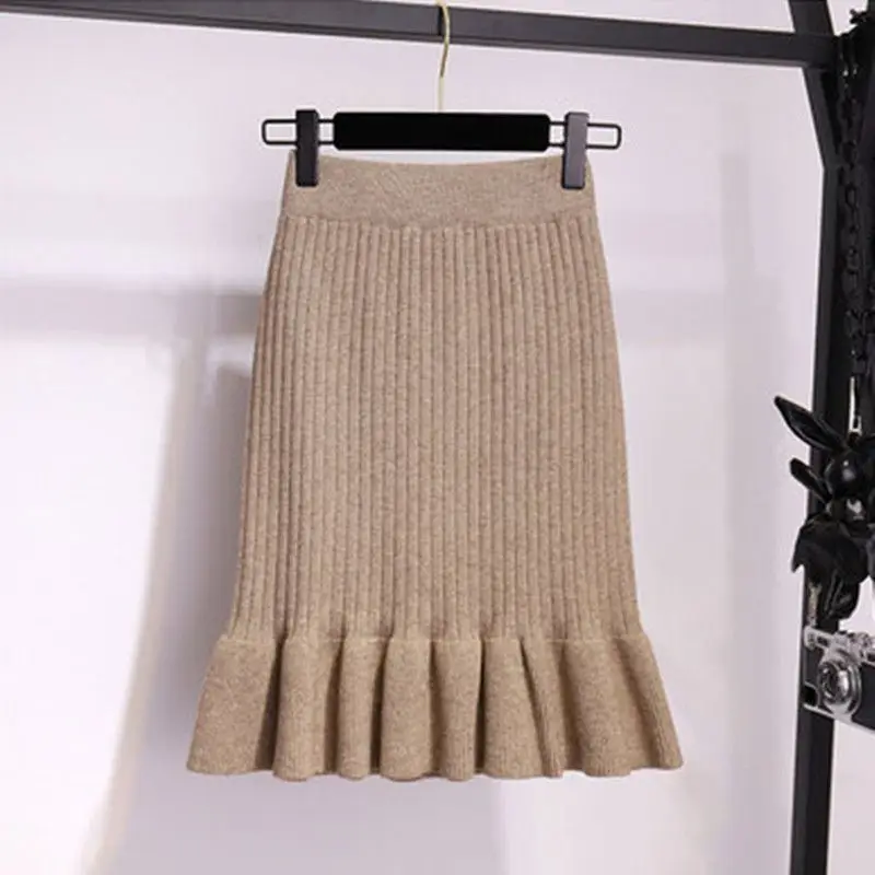 Pleated Knitting A-line Skirt Autumn Winter New High Waist Solid Color All-match Mini Dress Fashion Vintage Women Clothing