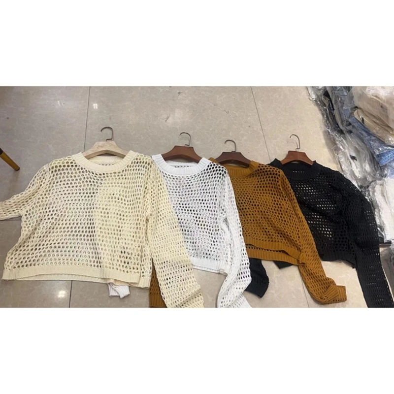 Hollows Knitted Ribbed Shirts Drawsting Sweet Pullover Long Sleeves Top