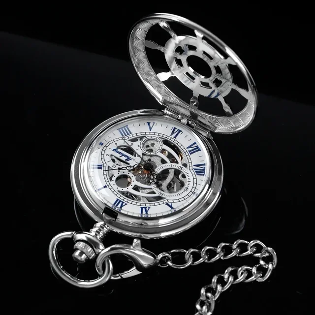 Silver Rudder Skeleton Pocket Watch, Mechanical, Roman Dial - Image 3
