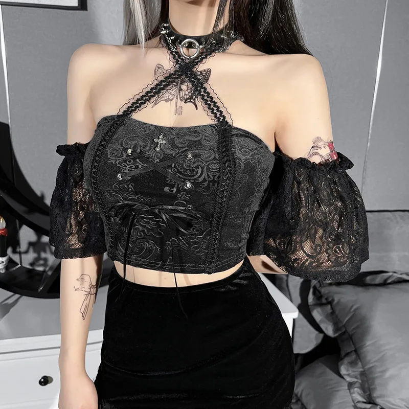 Y2k Goth темные кружевные лоскутные готические футболки Гранж бандаж спереди черные