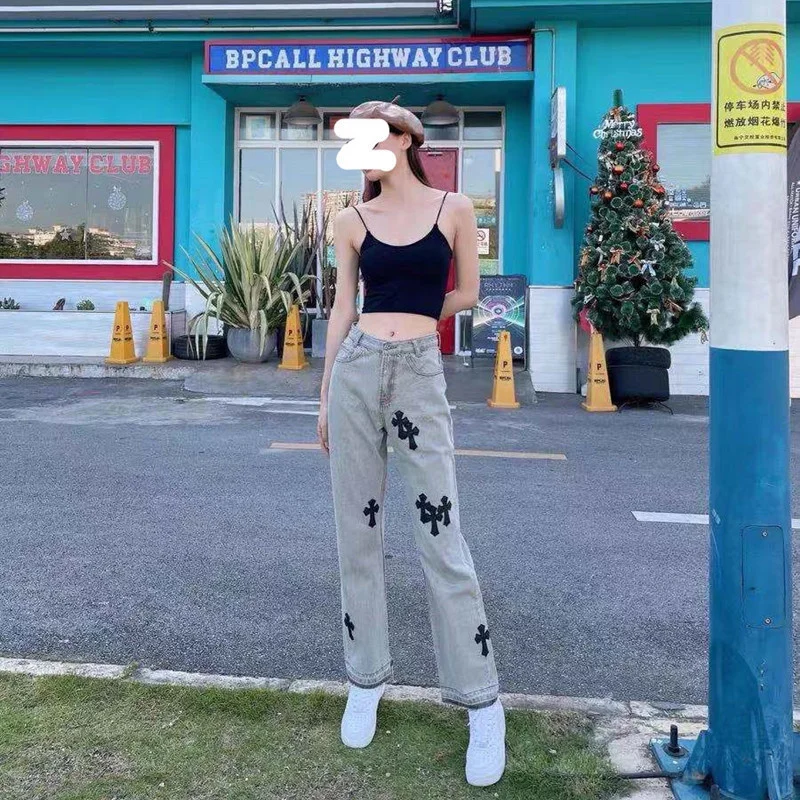 madewell jeans Jeans Woman Streetwear Cross Applique Korean Fashion Y2k Straight Baggy Pants Versatile Casual Grey Gothic Denim Trousers straight jeans