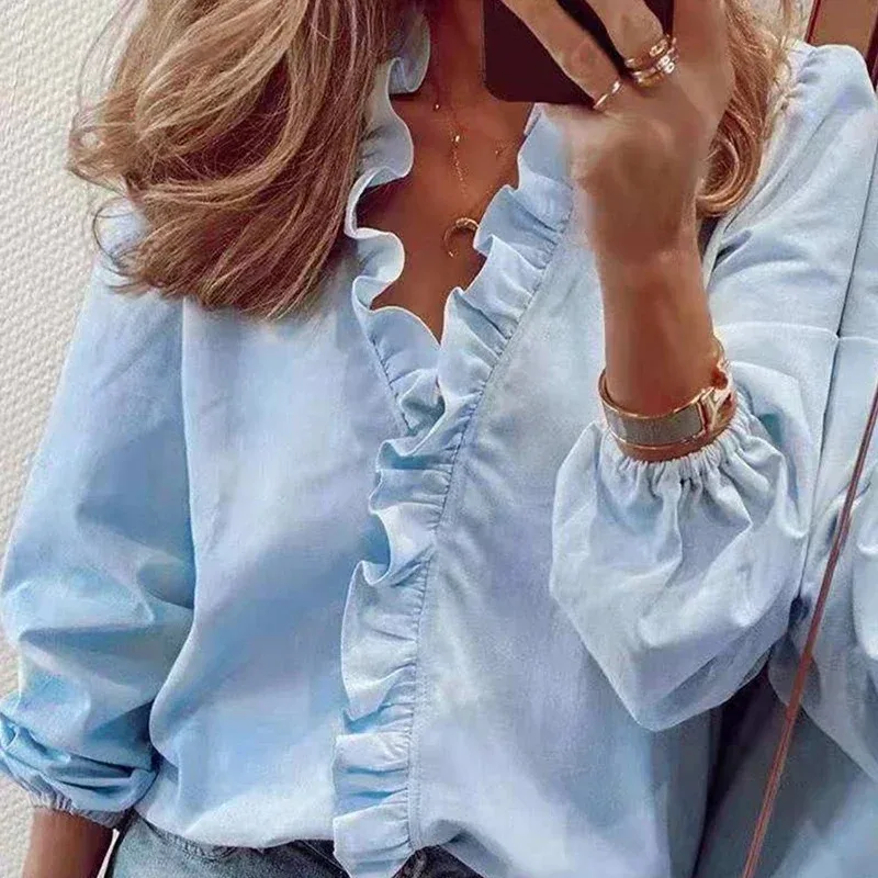 Sweet Ruffles Shirt for Women Elegant Blouse Floral Letter Print Long Sleeve White Tops Loose Clothes Spring Autumn 18246