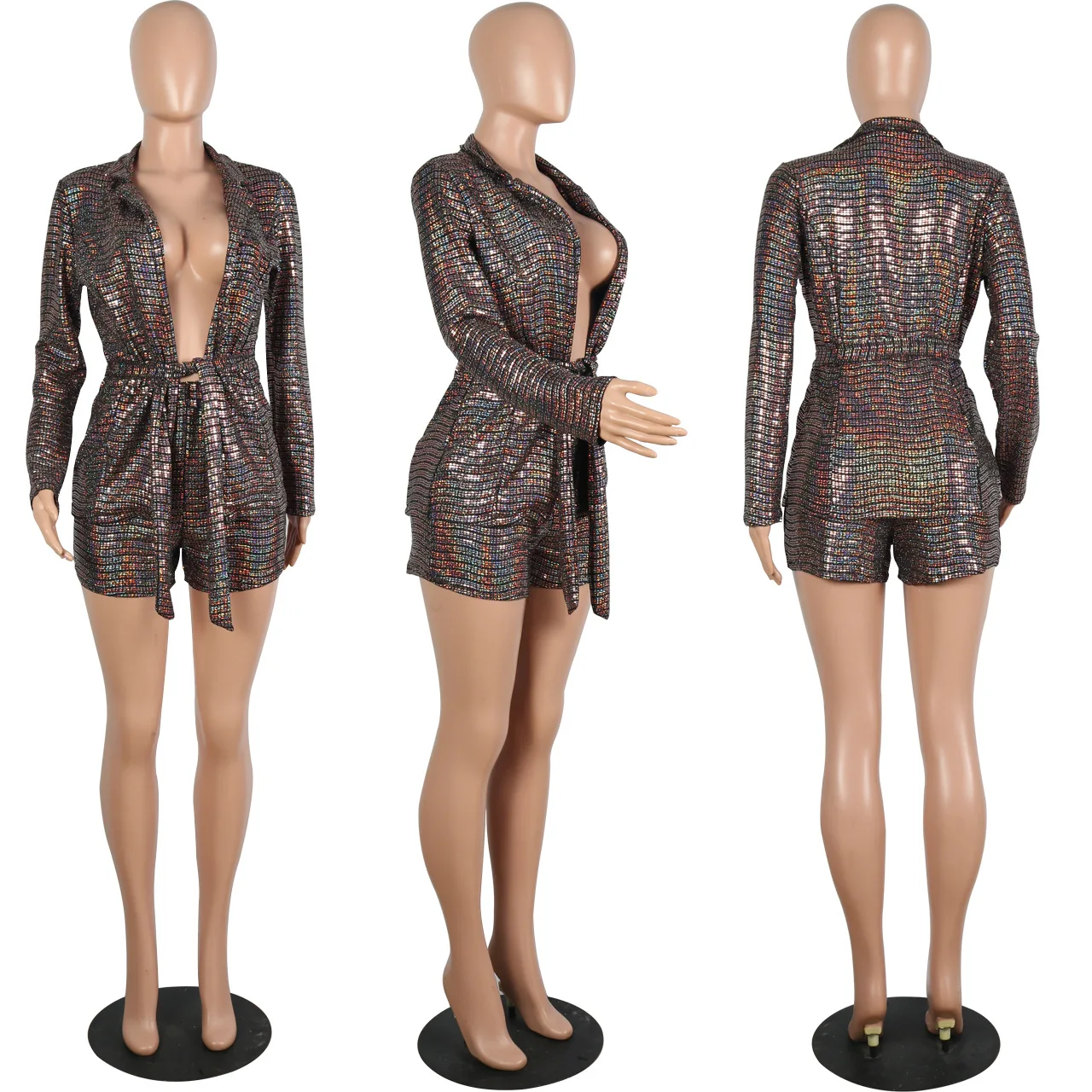 Sequined Women 2 Piece Set Lace Up Notched Neck Blazer Skinny Biker Shorts Matching Blazer Set 2023 Fall Winter Elegant Outfits
