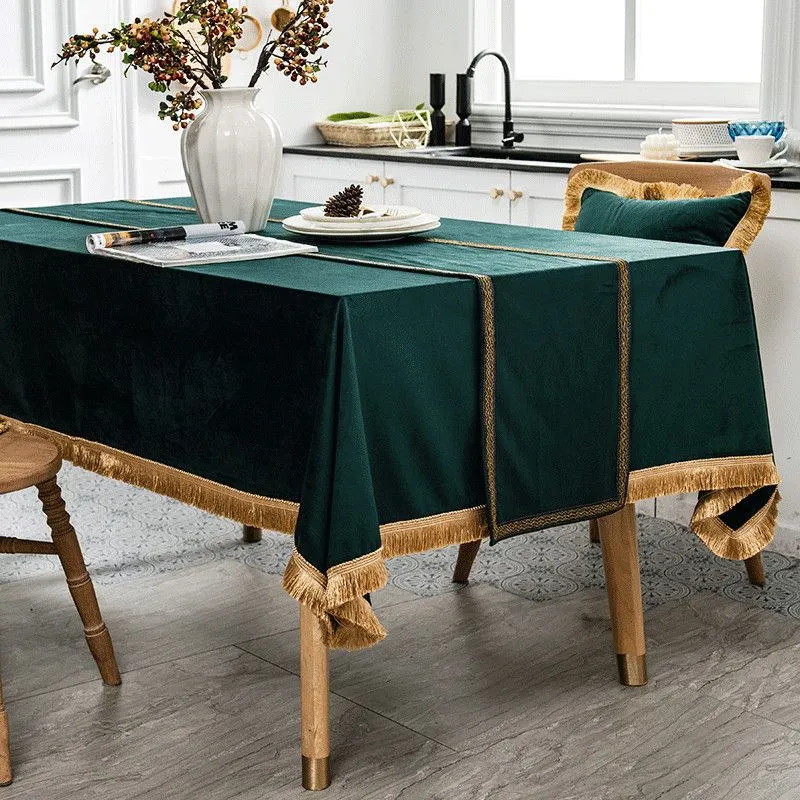 無地タッセルオランダベルベットテーブルクロスグリーンダイニング