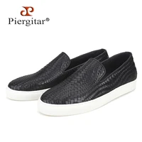 Piergitar Handmade Waxed Woven Leather Slip-On Sneakers For Leisure And Daily Wear Height Increase White Thick Soled Men's Shoes 1