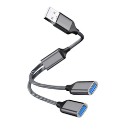 Compact USB 2.0 Splitter Cable - Dual Female Ports for Charging & Data Transfer, 28cm Length (Gray)