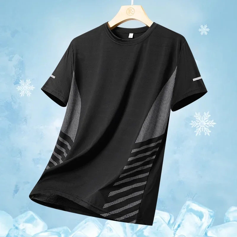 Running T-shirt Men Summer Ice Silk Thin Mesh Tops Reflective Print Quick Dry Short Sleeve Casual Elastic Fitness Sports Shirts 2