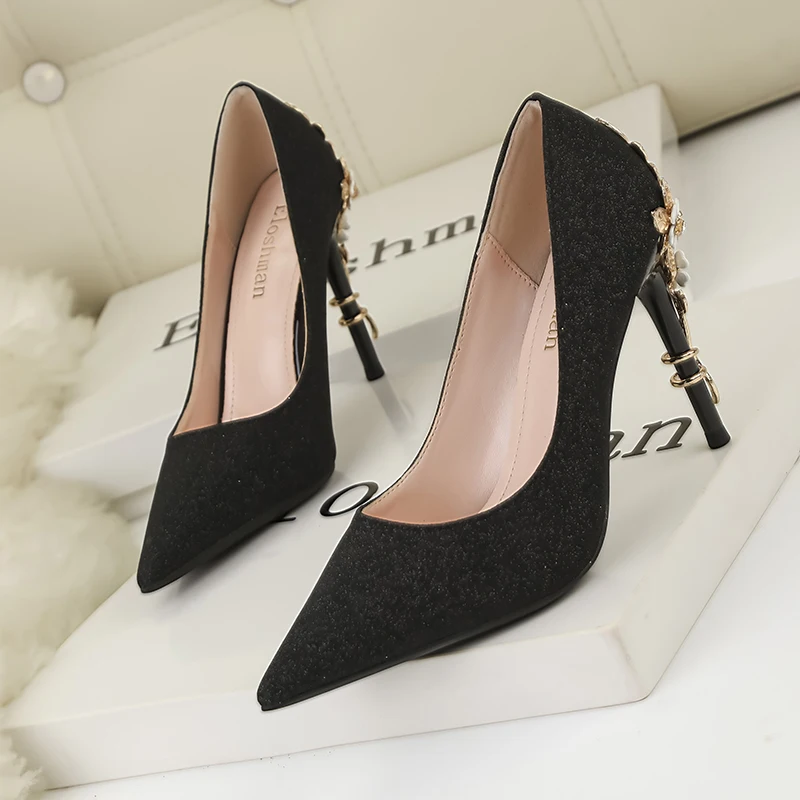 Elegant Women Shoes Pumps Metal Flower Classic Pumps Ladies High Heels Comfortable Sequins Pointed toes Dress Shoes