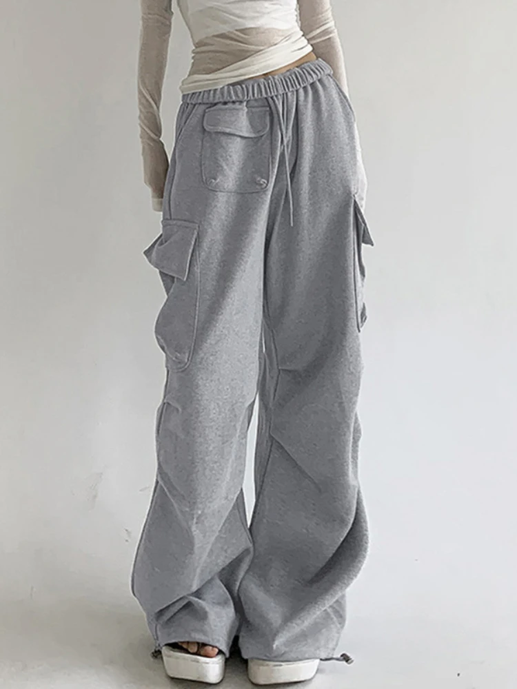 

High Waist Cargo Pants Women Lacing Multiple Pockets Waist Tighten Loose Fall Baggy Pants Women Trouser Y2k Japanese Streetwear